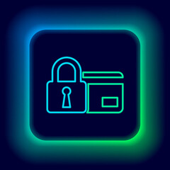 Glowing neon line Credit card with lock icon isolated on black background. Locked bank card. Security, safety, protection concept. Concept of a safe payment. Colorful outline concept. Vector.