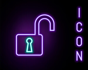 Glowing neon line Open padlock icon isolated on black background. Opened lock sign. Cyber security concept. Digital data protection. Safety safety. Colorful outline concept. Vector.