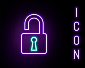 Glowing neon line Open padlock icon isolated on black background. Opened lock sign. Cyber security concept. Digital data protection. Safety safety. Colorful outline concept. Vector.