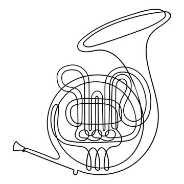 recommend clip art: One line drawing. Musical wind instrument French horn.