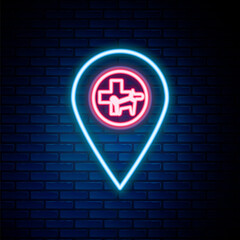 Glowing neon line Map pointer with veterinary medicine hospital, clinic or pet shop for animals icon isolated on brick wall background. Vet or veterinarian clinic. Colorful outline concept. Vector.