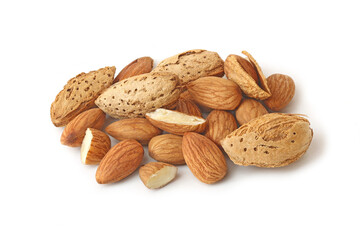 A small heap of almonds in shell and without isolated on the white