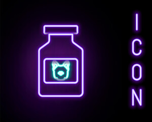 Glowing neon line Dog medicine bottle icon isolated on black background. Container with pills. Prescription medicine for animal. Colorful outline concept. Vector.