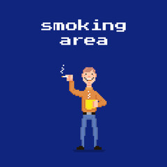 colorful simple flat pixel art illustration of young smiling guy with a cigarette and a mug of hot coffee or tea