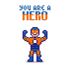 Fototapeta premium colorful simple flat pixel art illustration of smiling cartoon superhero in superhero pose for motivational poster