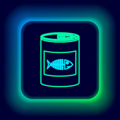 Glowing neon line Canned food for cat icon isolated on black background. Fish skeleton sign. Food for animals. Pet dog food can. Colorful outline concept. Vector.