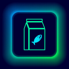 Glowing neon line Bag of food for cat icon isolated on black background. Fish skeleton sign. Food for animals. Pet food package. Colorful outline concept. Vector.