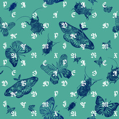 Seamless pattern with latin letters fraktur and blue butterflies and beetles linocut on a mint background