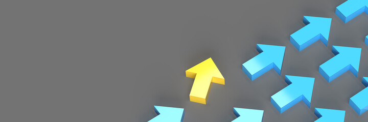 Be different and authentic concept: Many 3d rendering arrows on grey background with dropped shadow and copy space. Diverse yellow sign standing out. Visualization of Graphic illustration Design 