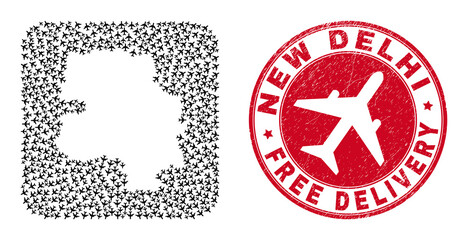 Vector collage New Delhi City map of aeroplane elements and grunge Free Delivery badge. Collage geographic New Delhi City map constructed as stencil from rounded square with flying out airplanes.