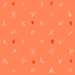 Seamless pattern with hearts and letters on a salmon background