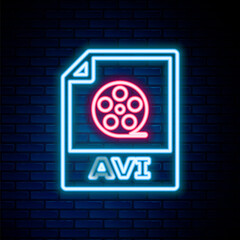 Glowing neon line AVI file document. Download avi button icon isolated on brick wall background. AVI file symbol. Colorful outline concept. Vector.