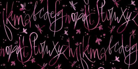 Pink pattern with letters and flowers on a black background
