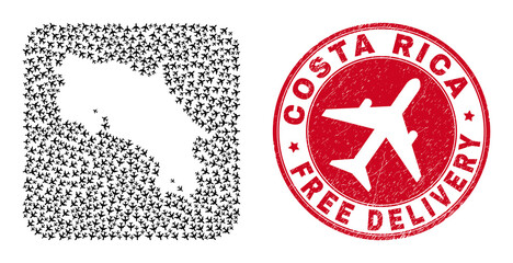 Vector collage Costa Rica map of aviation items and grunge Free Delivery seal stamp.