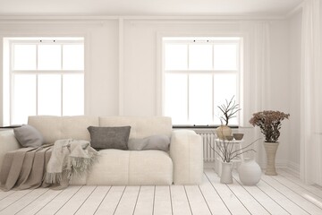 White living room with sofa. Scandinavian interior design. 3D illustration