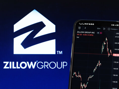 In this photo illustration the stock market information of Zillow Group displays on a smartphone while the logo of Zillow Group displays as the background