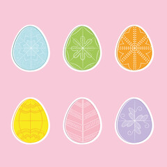 Vector simple Easter eggs. Easter eggs of bright colors. Cute clip art of Easter eggs. Printable for stickers. Easter eggs with traditional ornament.