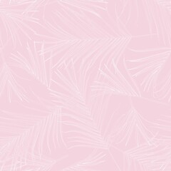 Nature seamless pattern. Hand drawn tropical summer background: white palm tree leaves, line art on pink background.	