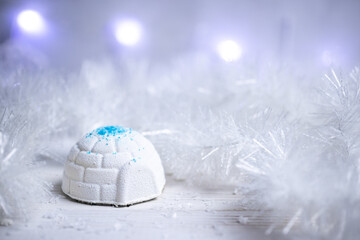 White winter French patisserie igloo dessert and lights