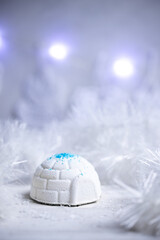 White winter French patisserie igloo dessert and lights