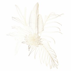 Hand drawn summer tropical bouquet: golden exotic plants, line art. Hand painted flowers and leaves isolated on white background for design.
