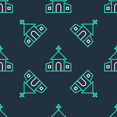 Line Church building icon isolated seamless pattern on black background. Christian Church. Religion of church. Vector.