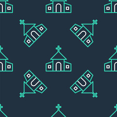 Line Church building icon isolated seamless pattern on black background. Christian Church. Religion of church. Vector.