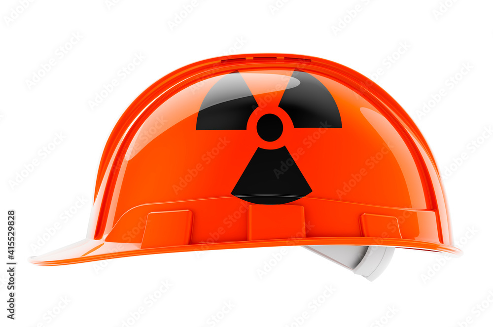 Poster hard hat with radiation flag, 3d rendering