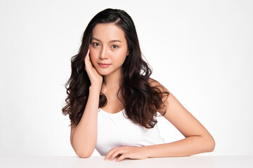 Fototapeta premium Beautiful young asian woman with clean fresh skin on white background, Face care, Facial treatment, Cosmetology, beauty and spa, Asian women portrait