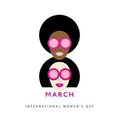 International womens day (IWD). March 8 - Women's rights and femininity day. Greeting card, banner in the style of flat design. Women of different nationalities in sunglasses. Vector illustration.