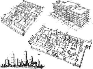 four hand drawn architectural sketches of a modern city with high buildings and people in the streets