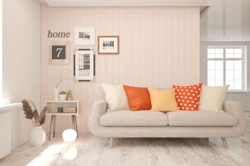 Pink living room with sofa. Scandinavian interior design. 3D illustration