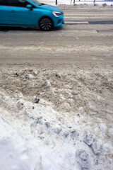 Snowy road and car, snow disaster