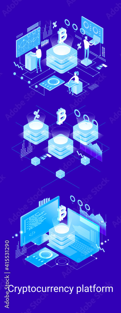Poster blockchain technology. cryptocurrency marketplace of bitcoin mining farm in smart city. digital clou