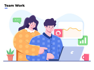 Flat illustrations of business teamwork collaboration at office with employee use laptop computer. Sitting at office Desk and Discussing Idea. People talking and working at the computers office.