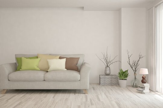 White living room with sofa. Scandinavian interior design. 3D illustration