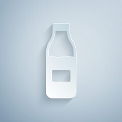 Paper cut Closed glass bottle with milk icon isolated on grey background. Paper art style. Vector.