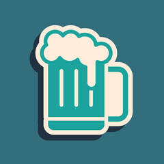 Green Wooden beer mug icon isolated on green background. Long shadow style. Vector.