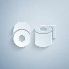 Paper cut Toilet paper roll icon isolated on grey background. Paper art style. Vector.