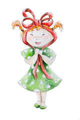 Funny little laughing redhead girl in green polka dot dress and with red bow