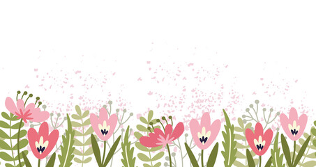 Cute horizontal seamless patterns with hand drawn flowers. Beautiful background great for greeting cards, banner, textiles, wallpapers. Vector illustration.