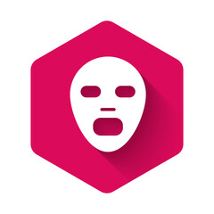 White Facial cosmetic mask icon isolated with long shadow background. Cosmetology, medicine and health care. Pink hexagon button. Vector.