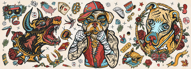 Naklejka premium Dogs. Evil doberman, street crime boxer bulldog, honey staffordshire terrier. Canine art. Old school tattoo vector collection. Traditional tattooing style. Cartoon character