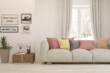 White living room with sofa and winter landscape in window. Scandinavian interior design. 3D illustration