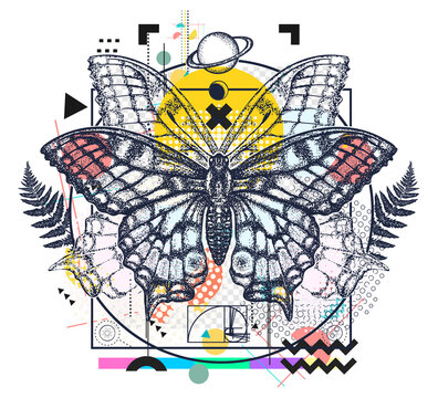 Esoteric butterfly. Symbol of magic, renaissance. Zine culture concept. Hand drawn vector glitch tattoo, contemporary  cyberpunk collage. Vaporwave art. Surreal pop culture style