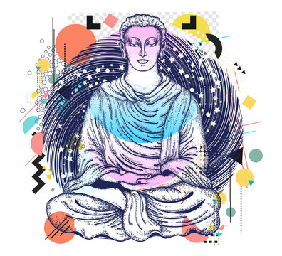 Buddha. Symbol of harmony, spirituality, yoga, meditation, soul. Zine culture concept. Hand drawn vector glitch tattoo, contemporary  cyberpunk collage. Vaporwave art. Surreal pop culture style