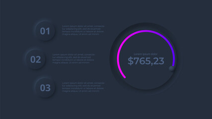 Dark neumorphic element for infographic. Template for diagram, graph, presentation and chart. Skeuomorph concept with 3 options, parts, steps or processes.