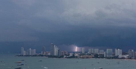 Thunderstorm with lightning over the Pattaya, Thailand.