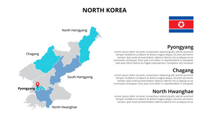 North Korea vector map infographic template divided by states, regions or provinces. Slide presentation