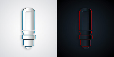 Paper cut LED light bulb icon isolated on grey and black background. Economical LED illuminated lightbulb. Save energy lamp. Paper art style. Vector.